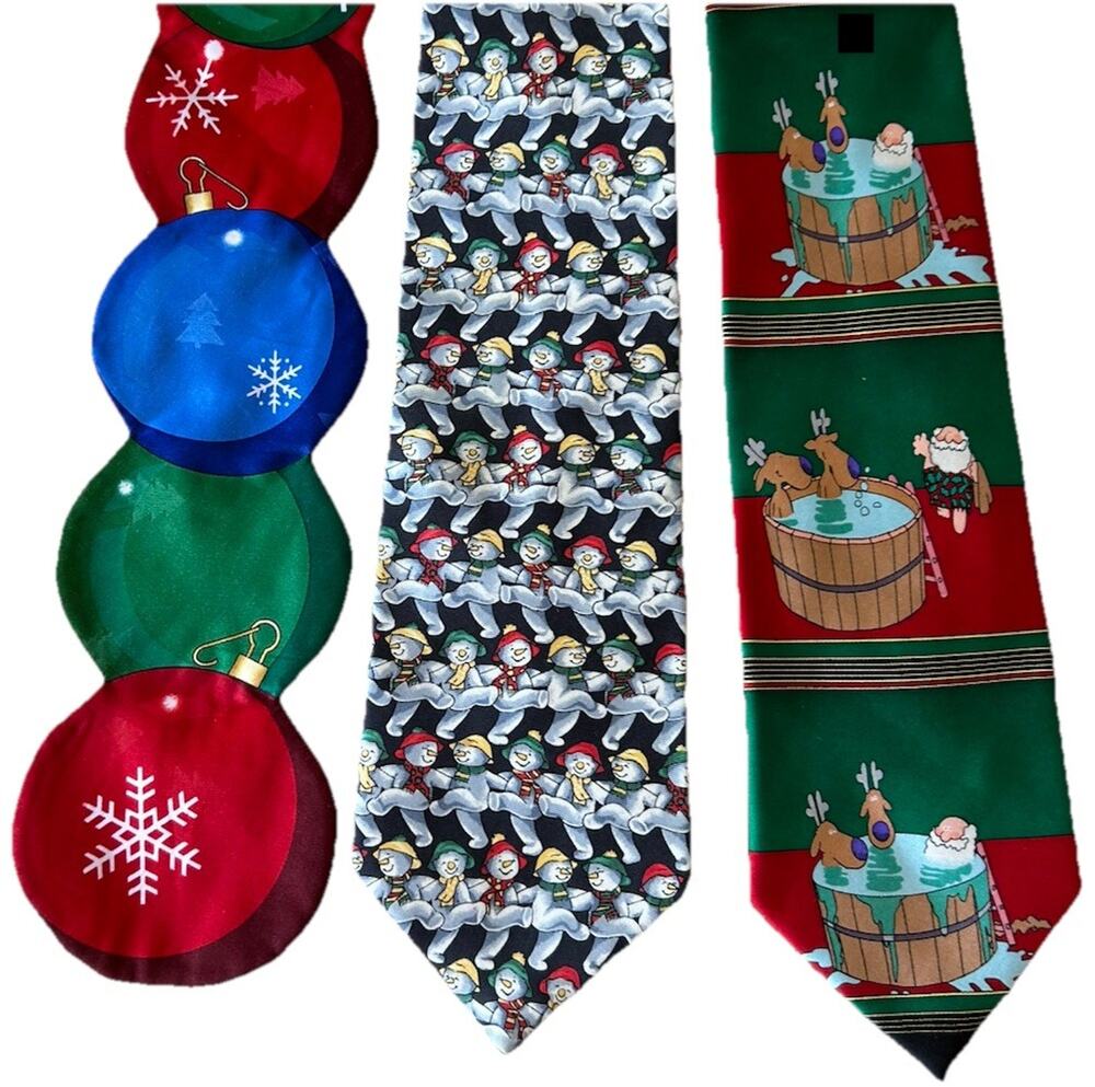 VTG Holiday Christmas Silk Ties Santa Snowmen Ornaments Red Green Necktie Lot 3